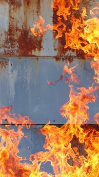 a fire burns on a metal wall