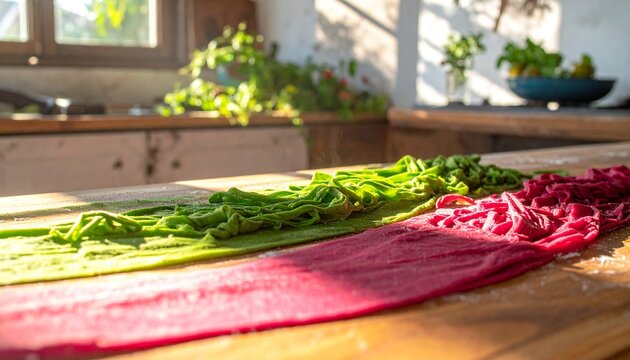 Fresh rhubarb and green herbs on wooden kitchen table.
