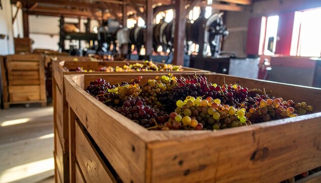 Wooden crate filled with fresh green and purple grapes in winery.