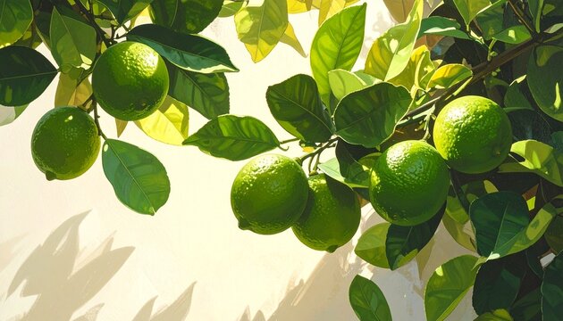 Fresh green limes growing on a sunlit tree branch.