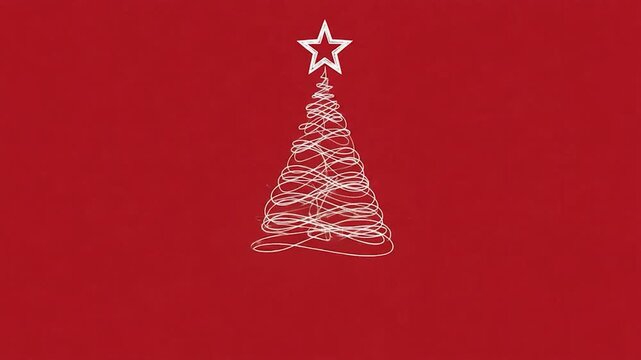 Minimalist christmas tree sketch with a star on top, handdrawn white scribble art on a solid red background