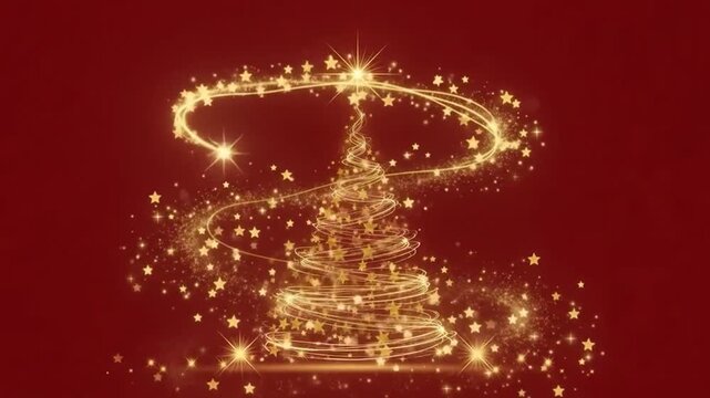 Abstract christmas tree made of golden glowing stars and swirling light lines on a deep red background