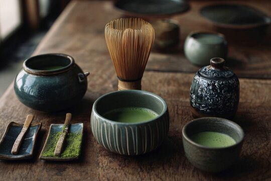 Matcha is being prepared on a wooden table. Several bowls, a whisk, and containers are arranged neatly. The setting has a natural light that reflects a simple tea-making process Generative AI
