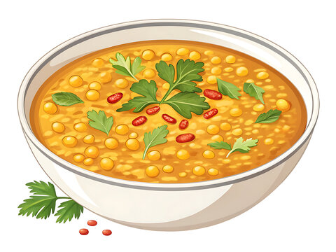 Moong Dal premium vector style, isolated on white background, smooth golden lentil curry with herbs, clean premium vector design