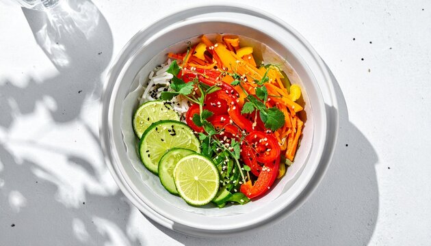 Colorful fresh vegetable salad in white bowl on table.