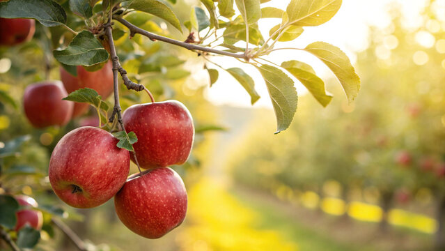 Close up of red delicious apples on a tree branch in an orchard with agriculture vitamins sunlight
