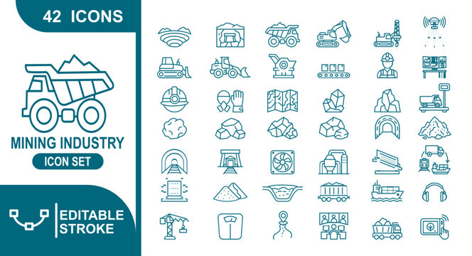 Mining Industry Line Icons Set Heavy Equipment Dump Truck Coal Extraction Mineral Geology Vector Illustration