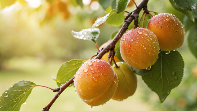 Fresh wet apricots with dew drops hanging on orchard branch agriculture moisture gardening