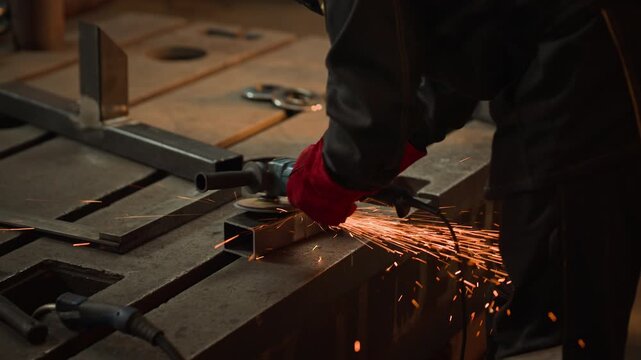 Male metalworker using angle grinder to cut steel pipe on workbench, bright orange sparks flying in industrial workshop. Video is ideal for manufacturing promos and trade school advertisements