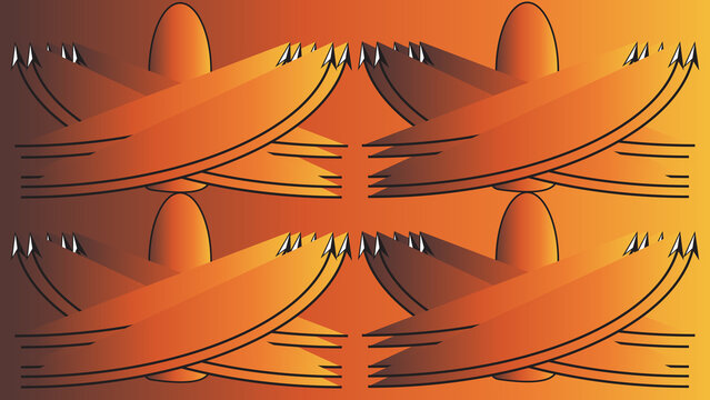 Symmetrical pattern of orange oval shapes with overlapping curved lines on gradient background