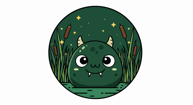 Cute green swamp monster in a marsh