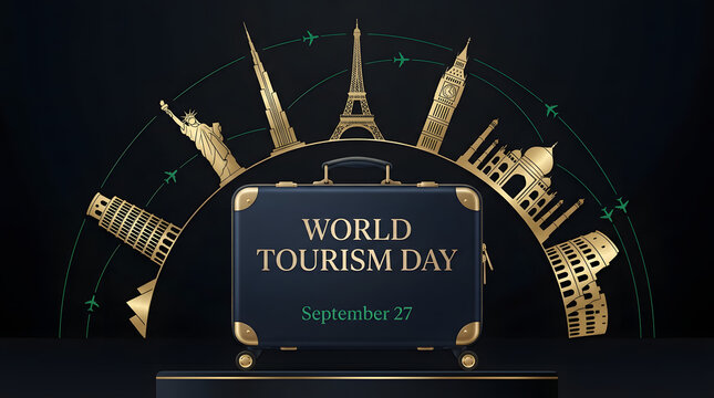 World tourism day greeting card featuring a dark suitcase and golden international landmarks, suitcase