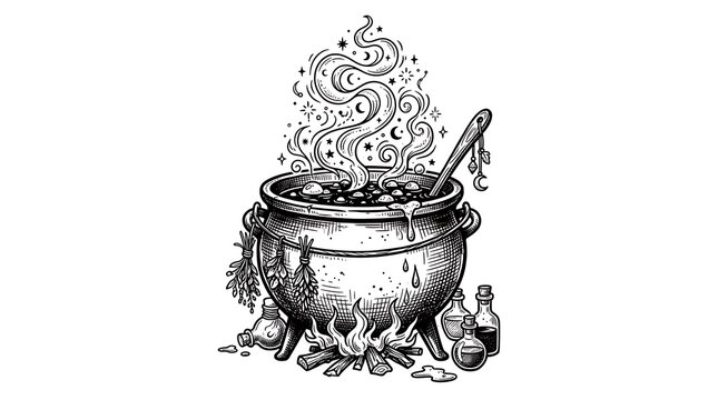 Witch cauldron brewing magic potion with smoke, herbs, and flames in a vintage hand-drawn engraving illustration style