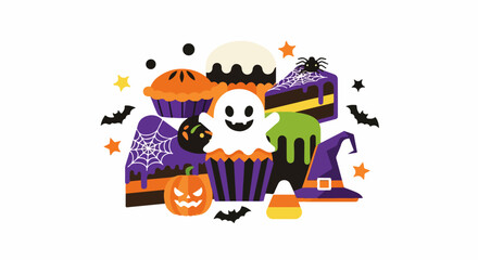 Fototapeta premium Halloween Party Treats With Ghost And Pumpkin Illustration