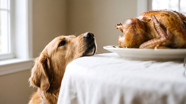 Golden retriever puppy longingly gazes at a roasted turkey on a table