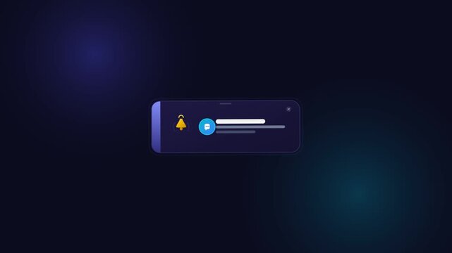 Abstract digital notification popup with bell and message icon on dark blue futuristic background.