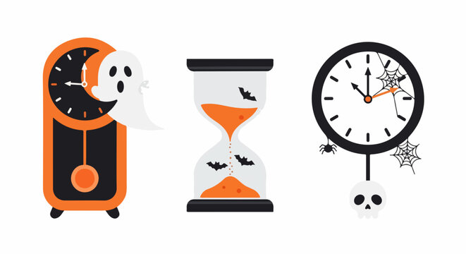 Set of spooky halloween themed clocks and hourglass