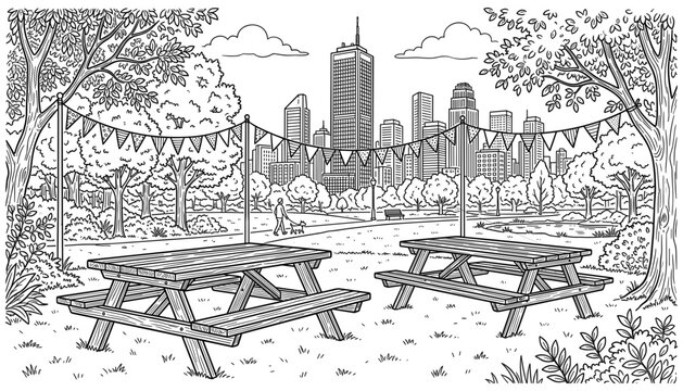  City park picnic area vector illustration with wooden benches bunting flags skyline view coloring page background landscape.