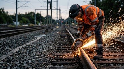 Fototapeta premium A construction worker uses an angle grinder to cut a railway track producing many bright sparks
