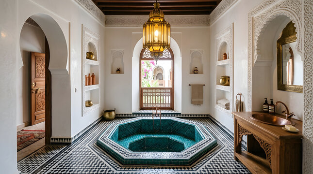 Moroccan riad bathroom interior design | luxury hammam with turquoise sunken bathtub | traditional Islamic architecture home decor | ornate zellige tile bathroom in Marrakech