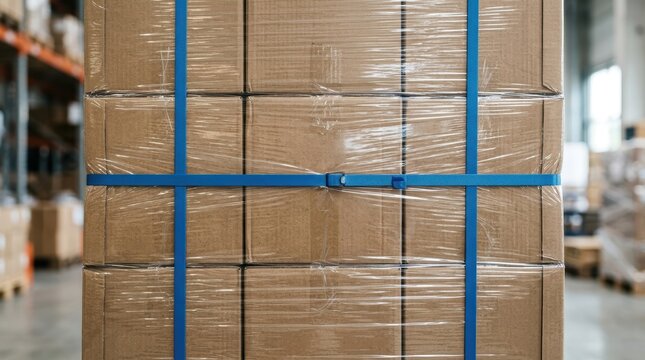 Stack of cardboard boxes wrapped in plastic film and secured with blue straps in a warehouse