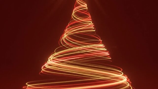 Abstract christmas tree made of glowing light trails with a bright star on top against a dark red background