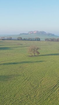 The French countryside in Nievre, featuring rolling green fields, scattered leafless trees, and a distant estate or chateau on a hill, aerial vertical 9:16 view.