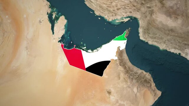 Earth zooms into the United Arab Emirates to reveal its borders filled with the national flag