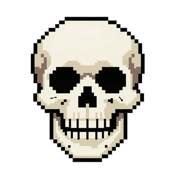 Pixel art human skull head, retro 8-bit skeleton bone anatomy icon isolated on transparent background