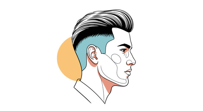 Modern male haircut side profile is detailed in a stylish vector graphic with color accents and clean outlines.