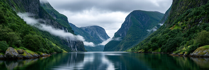 Fototapeta premium magnificent norwegian fjord panorama, dramatic norwegian fjord with cascading waterfalls and mist, breathtaking mountain fjord landscape in norway