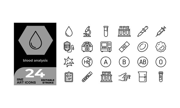Set of 24 blood analysis line icons