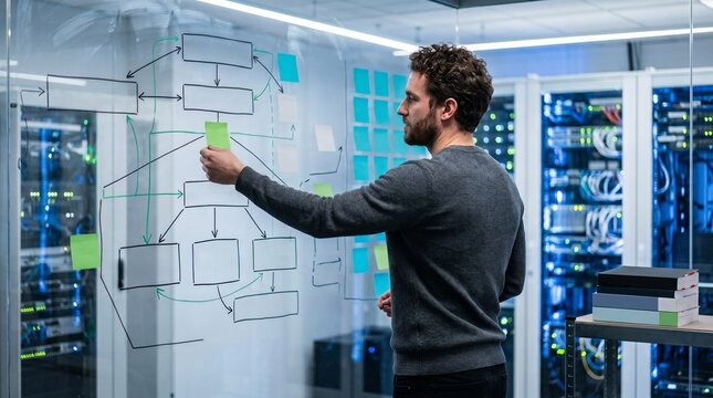 IT engineer planning network architecture on glass wall, system administrator working in data center server room, professional software developer