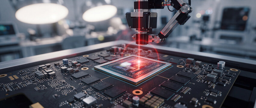 Semiconductor chip manufacturing with robotic laser precision on a high-tech printed circuit board in cleanroom laboratory, ideal for hardware engineering and microelectronics industry