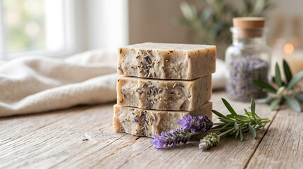 Fototapeta premium handmade lavender soap bars with dried flowers on wood