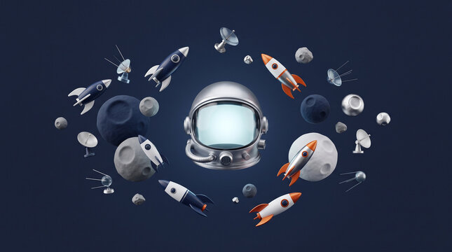 a 3D graphic design featuring a central silver astronaut helmet surrounded by floating rockets, planets, and communication satellites against a dark blue background.