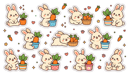 Obraz premium Cute Bunny Rabbit Sticker Set with Carrots and Potted Plants Vector Illustration