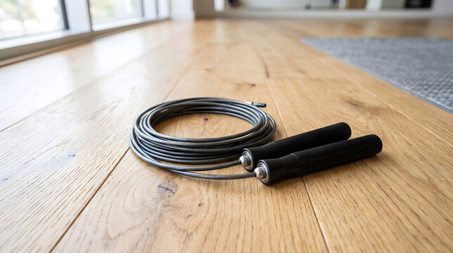 Jump rope on wooden floor fitness equipment
