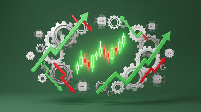 an algorithmic trading and financial market analysis concept, symbolized by glowing neon candlestick charts, mechanical gears, and computer processor chips. 
