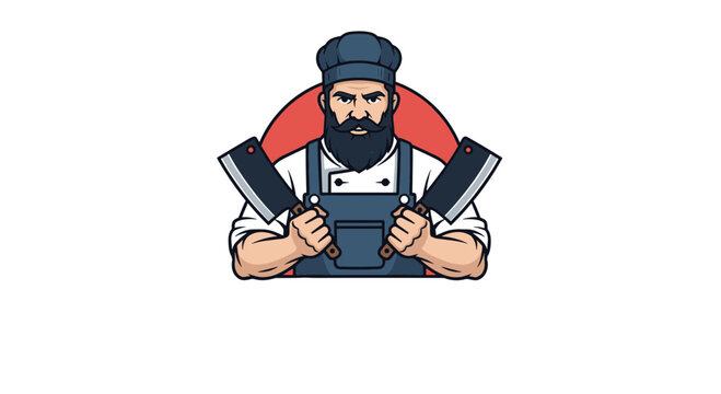 Strong bearded butcher mascot character holding two sharp meat cleavers, presented in a bold graphic style for steakhouse and butchery logos.