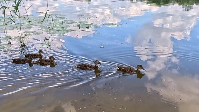 A row of wild ducklings swims across a calm lake, moving steadily from left to right near green reeds under a cloudy sky reflected on the still water surface, creating gentle ripples.