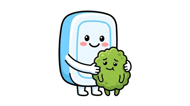 Adorable blue soap bar character gently hugging a small green bacteria mascot in a cute flat vector style design
