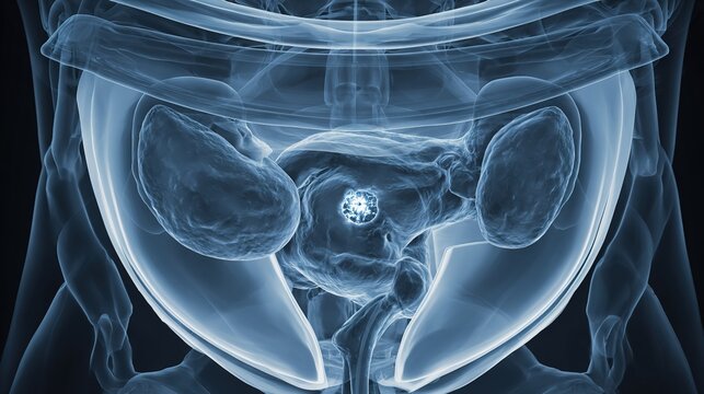 Prostate cancer medical 3D illustration, malignant tumor growth inside prostate gland, male reproductive system anatomy, oncology disease concept, abnormal cell proliferation, healthcare visual 