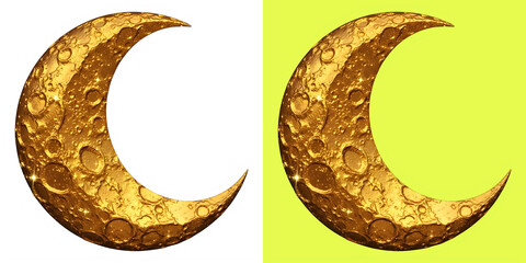 Golden crescent moon with craters and sparkle, graphic resource © Md