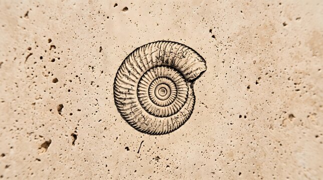 Spiral ammonite fossil shell preserved inside smooth beige porous limestone rock captured with sharp focus and soft natural sunlight lighting
