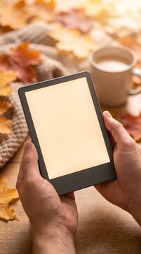Close-up of hands holding e-reader with warm glowing blank screen representing digital content and cozy autumn reading with copy space.