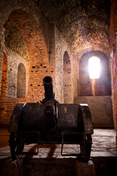 An old cannon the Castle of Gjirokastra in  the UNESCO village of Gjirokast&euml;r in the mountains of Albania.