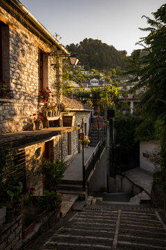 Sunset on the streets of the UNESCO village of Gjirokast&euml;r in the mountains of Albania.