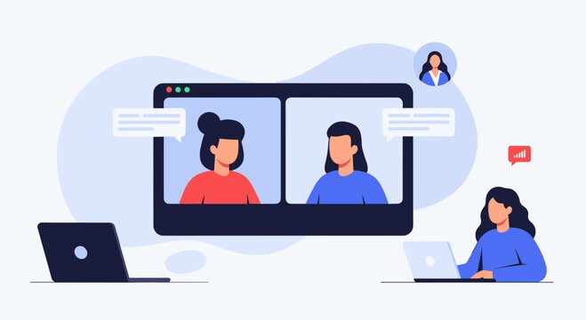 Video conference concept illustration showing professional women connecting online for a virtual business meeting on screens.