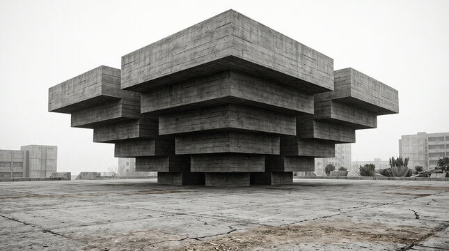 abstract piece of Brutalist-style concrete architecture with stepped, geometric cantilevered layers.